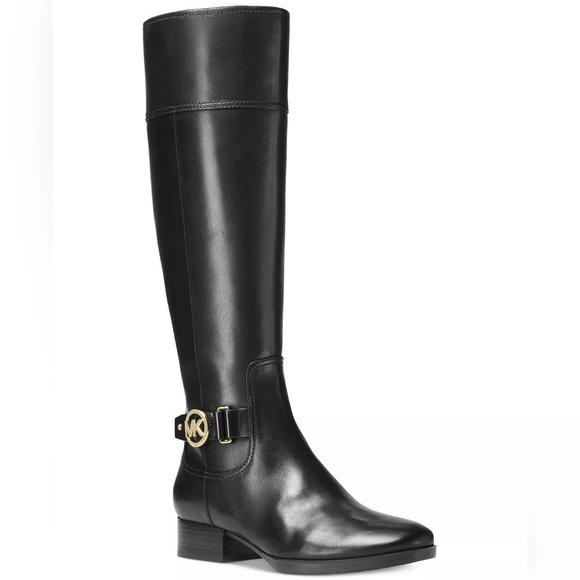 Michael Kors Black Leather Riding Boots Knee High Gold MK Equestrian Size 5.5 - Picture 1 of 7